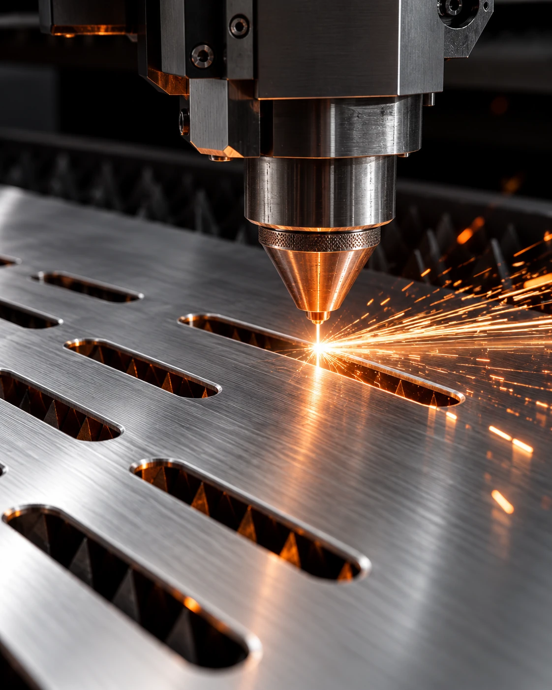 A laser cutting head cutting slots into brushed aluminum sheet, with sparks