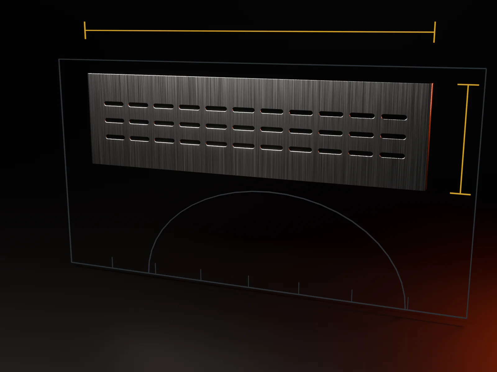 A bed divider drawn inside the outline of a truck bed wall, with dimension lines